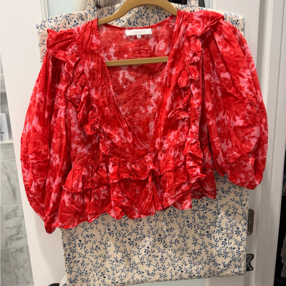 Olivaceous Red Ruffled Flutter Sleeve Blouse